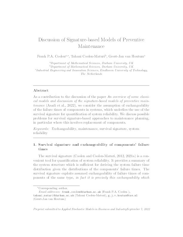 Discussion of signature‐based models of preventive maintenance Thumbnail