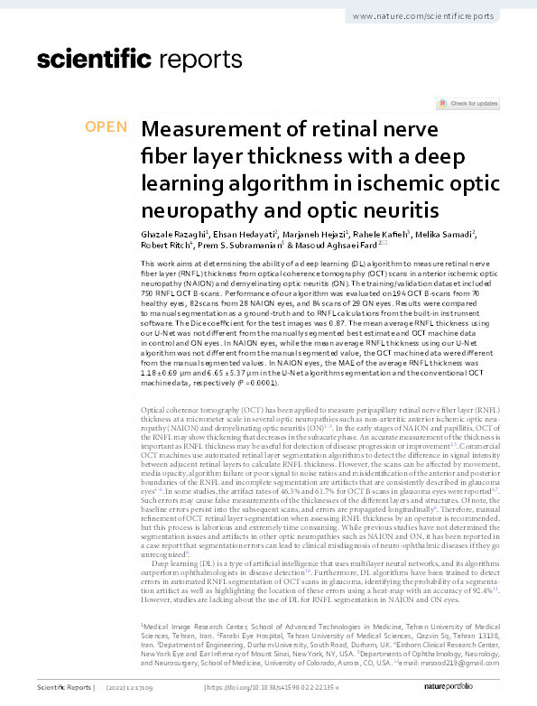 Measurement of retinal nerve fiber layer thickness with a deep learning algorithm in ischemic optic neuropathy and optic neuritis Thumbnail