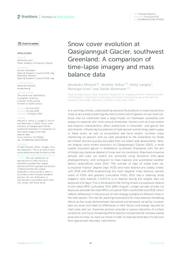 Snow cover evolution at Qasigiannguit Glacier, southwest Greenland: A comparison of time-lapse imagery and mass balance data Thumbnail