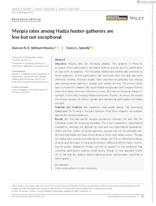 Myopia rates among Hadza hunter‐gatherers are low but not exceptional Thumbnail