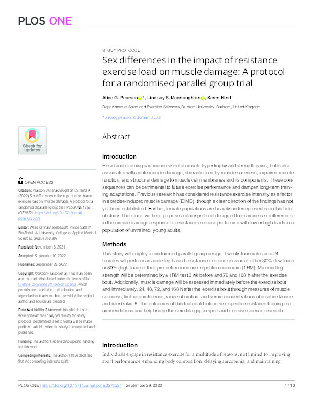 Sex differences in the impact of resistance exercise load on muscle damage: A protocol for a randomised parallel group trial Thumbnail