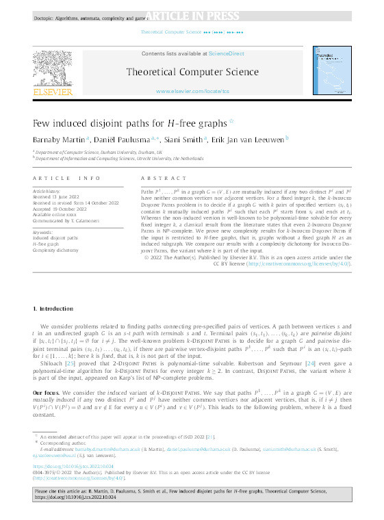 Few induced disjoint paths for H-free graphs Thumbnail