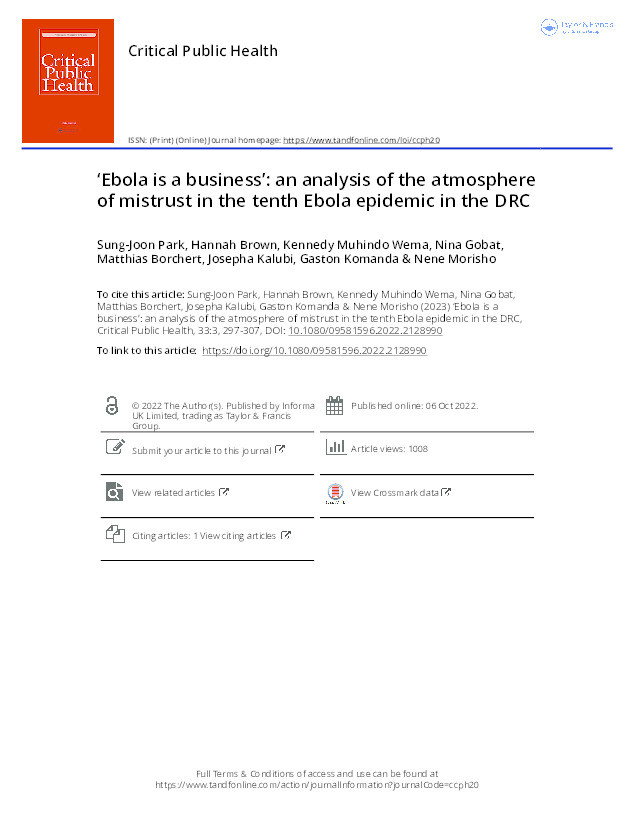 ‘Ebola is a business’: an analysis of the atmosphere of mistrust in the tenth Ebola epidemic in the DRC Thumbnail