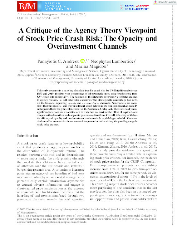 A critique of the agency theory viewpoint of stock price crash risk: The opacity and overinvestment channels Thumbnail