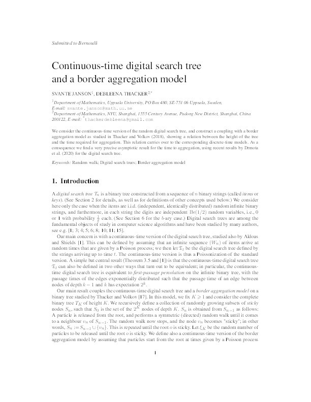 Continuous-time digital search tree and a border aggregation model Thumbnail
