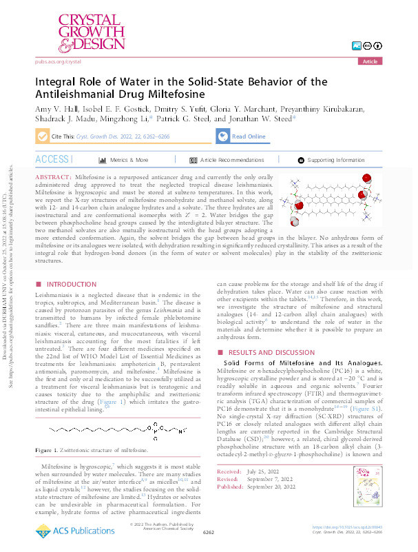 Integral Role of Water in the Solid-State Behavior of the Antileishmanial Drug Miltefosine Thumbnail