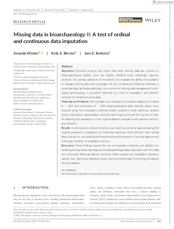 Missing data in bioarchaeology II: A test of ordinal and continuous data imputation Thumbnail