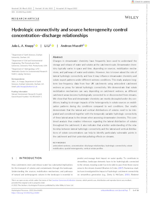 Hydrologic connectivity and source heterogeneity control concentration–discharge relationships Thumbnail