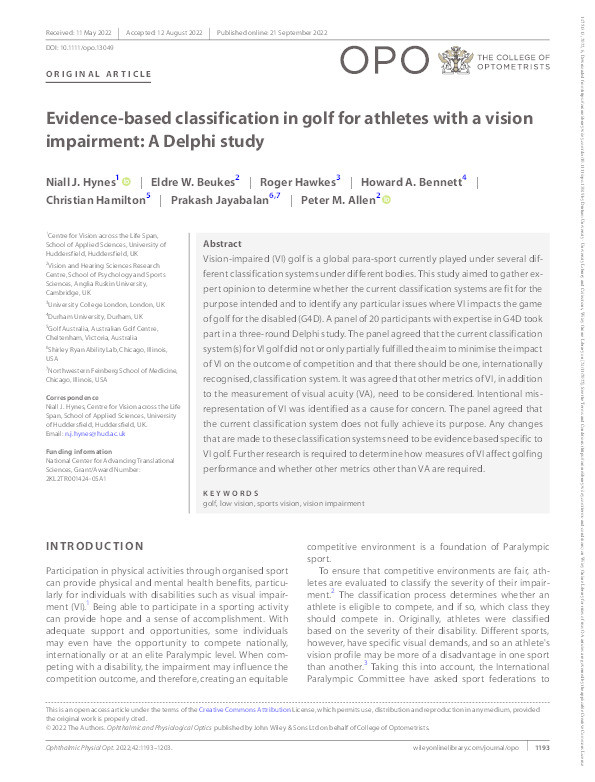 Evidence‐based classification in golf for athletes with a vision impairment: A Delphi study Thumbnail