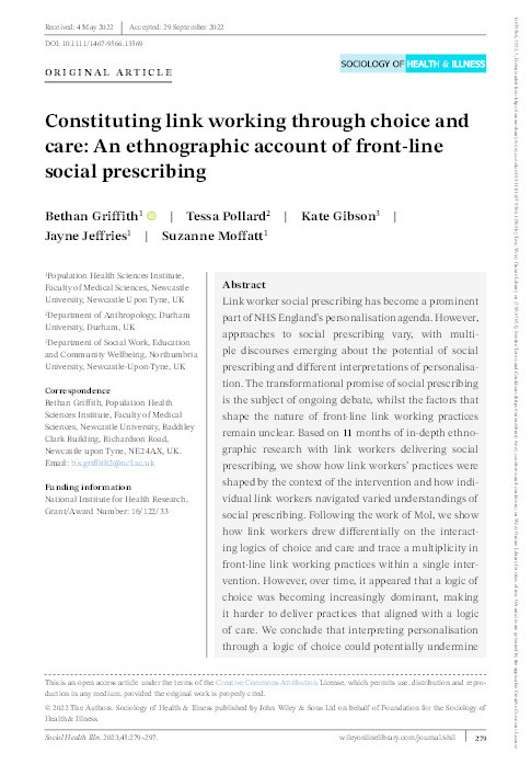 Constituting link working through choice and care: an ethnographic account of front-line social prescribing Thumbnail