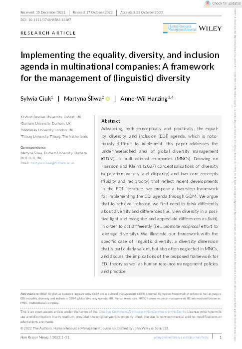 Implementing the equality, diversity, and inclusion agenda in multinational companies: A framework for the management of (linguistic) diversity Thumbnail