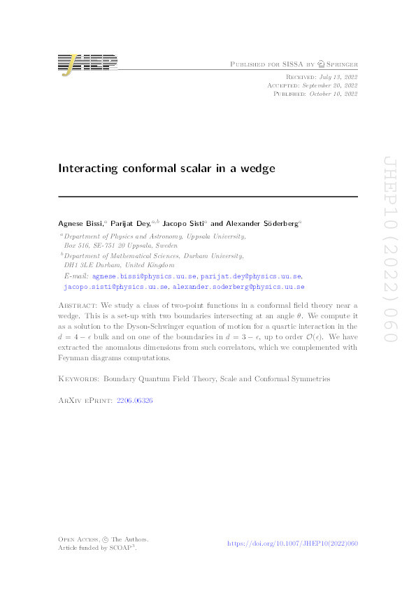 Interacting conformal scalar in a wedge Thumbnail