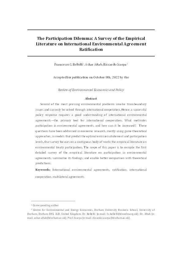 The Participation Dilemma: A Survey of the Empirical Literature on International Environmental Agreement Ratification Thumbnail