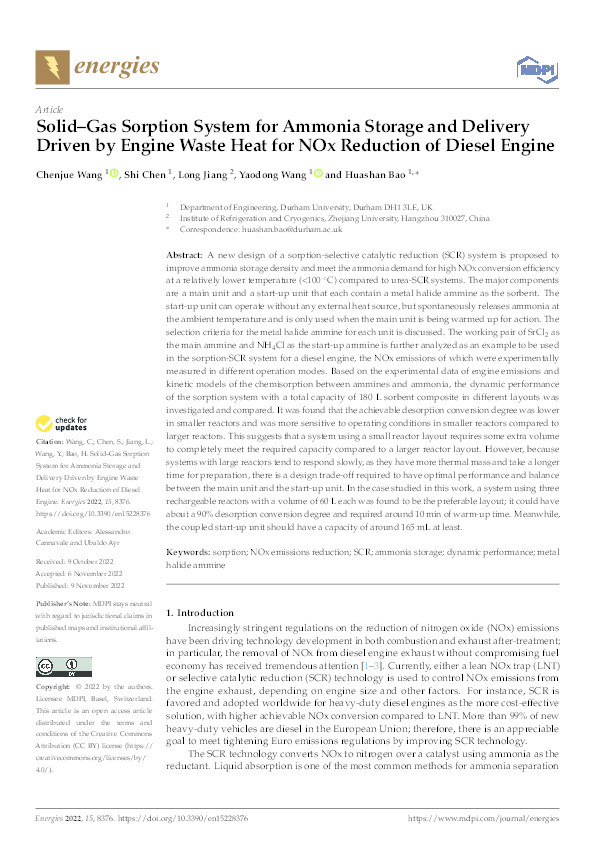 Solid–Gas Sorption System for Ammonia Storage and Delivery Driven by Engine Waste Heat for NOx Reduction of Diesel Engine Thumbnail