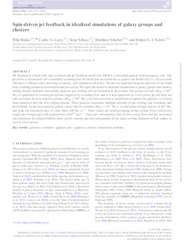 Spin-driven jet feedback in idealized simulations of galaxy groups and clusters Thumbnail