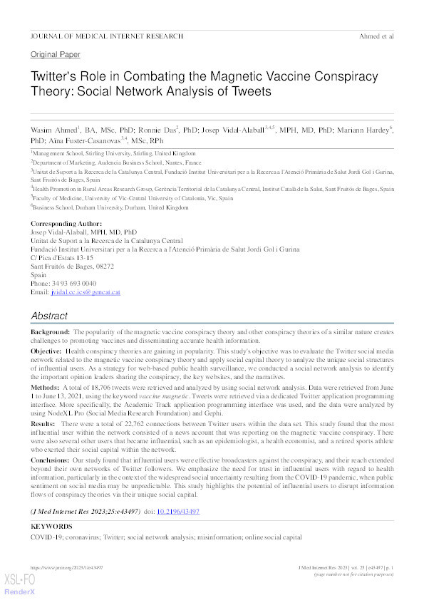 Analysing Twitter’s Role in Combating the Magnetic Vaccine Conspiracy Theory Using Social Network Analysis Thumbnail