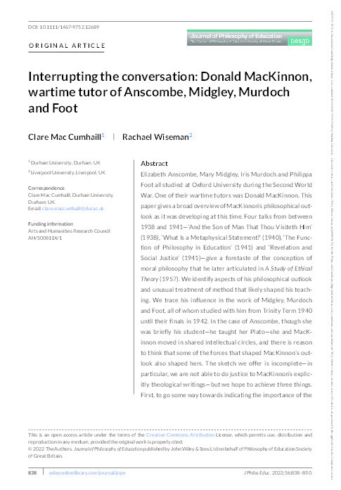 Interrupting the conversation: Donald MacKinnon, wartime tutor of Anscombe, Midgley, Murdoch and Foot Thumbnail