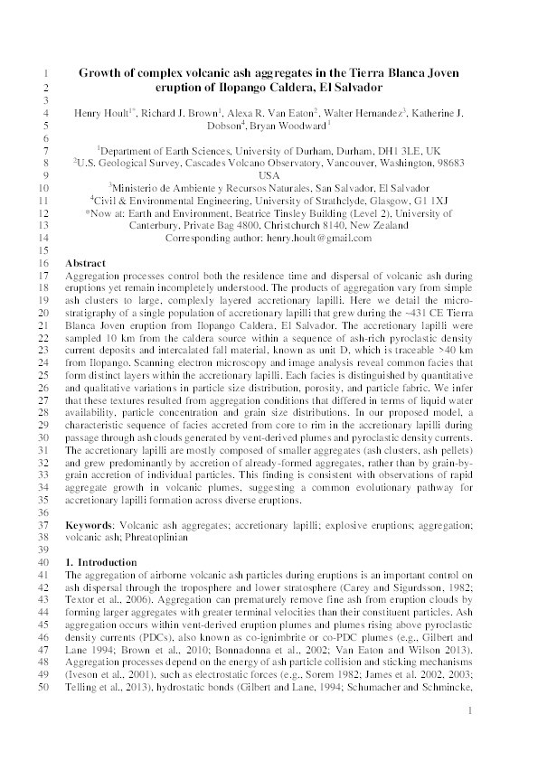 Growth of complex volcanic ash aggregates in the Tierra Blanca Joven eruption of Ilopango Caldera, El Salvador Thumbnail