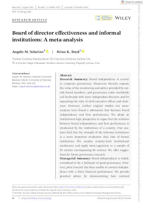 Board of Director Effectiveness and Informal Institutions: A Meta-analysis Thumbnail