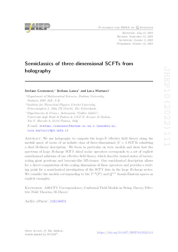 Semiclassics of three-dimensional SCFTs from holography Thumbnail
