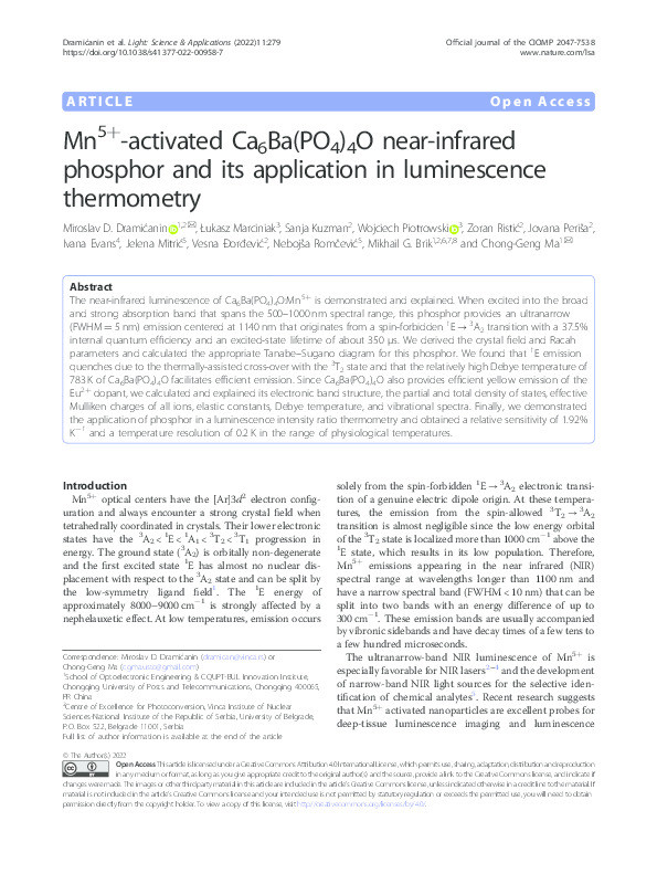 Mn5+-activated Ca6Ba(PO4)4O near-infrared phosphor and its application in luminescence thermometry Thumbnail