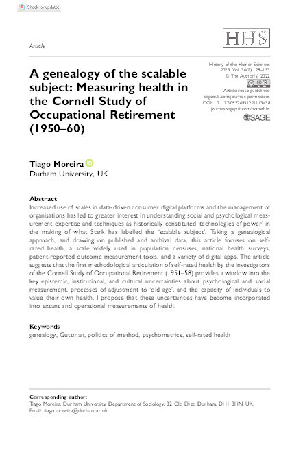 A genealogy of the scalable subject: Measuring health in the Cornell Study of Occupational Retirement (1950–60) Thumbnail