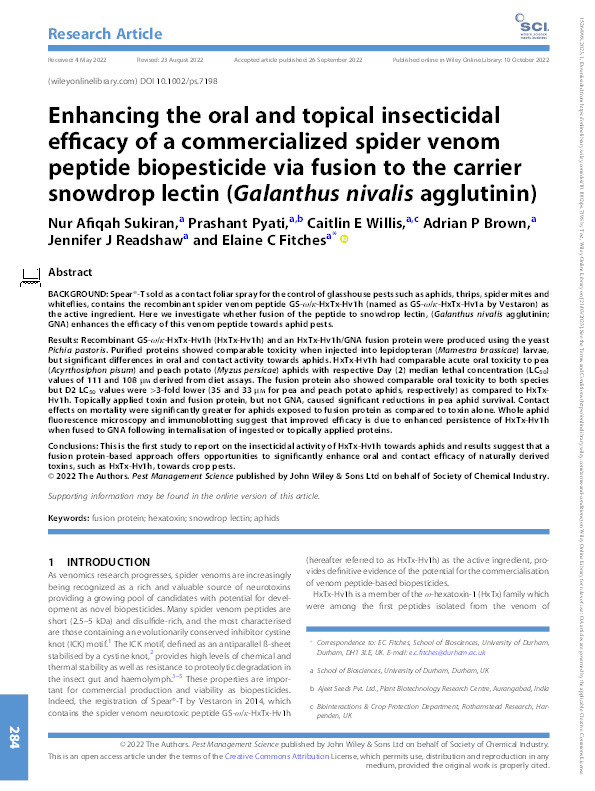 Enhancing the oral and topical insecticidal efficacy of a commercialized spider venom peptide biopesticide via fusion to the carrier snowdrop lectin (Galanthus nivalis agglutinin) Thumbnail