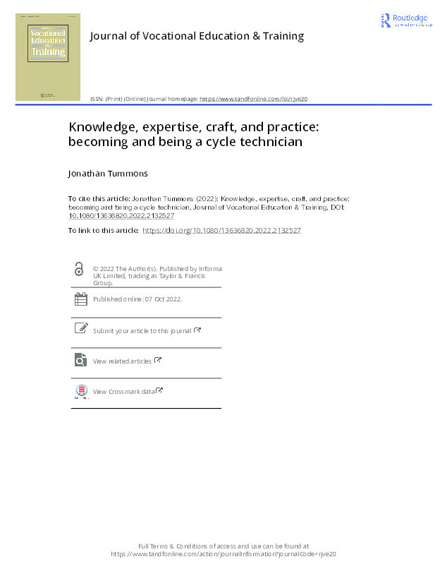 Knowledge, expertise, craft, and practice: becoming and being a cycle technician Thumbnail