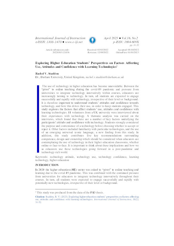 Exploring higher education students’ perspectives on factors affecting use, attitudes and confidence with learning technologies Thumbnail