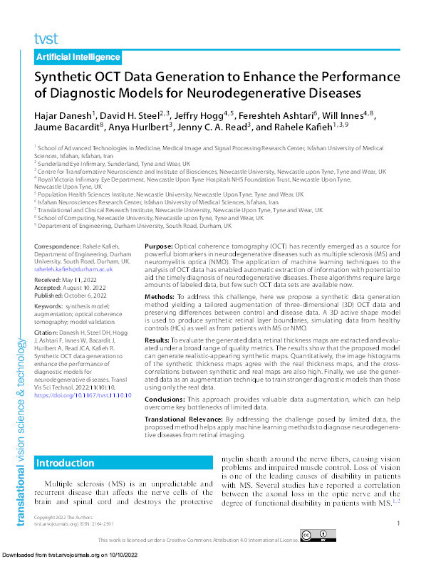 Synthetic OCT Data Generation to Enhance the Performance of Diagnostic Models for Neurodegenerative Diseases Thumbnail