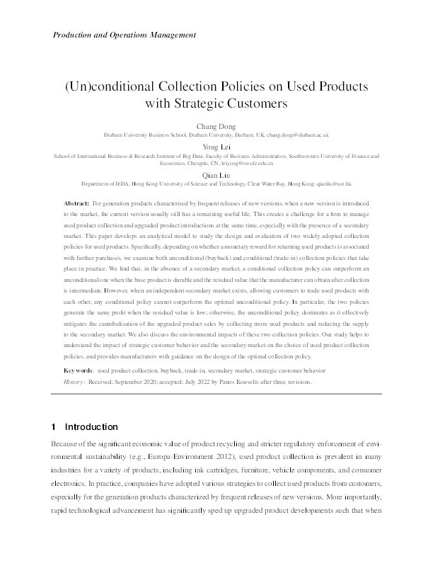 (Un)conditional collection policies on used products with strategic customers Thumbnail