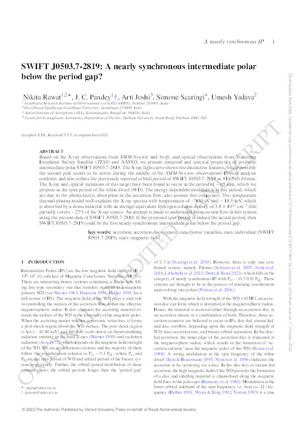 SWIFT J0503.7-2819: A nearly synchronous intermediate polar below the period gap? Thumbnail