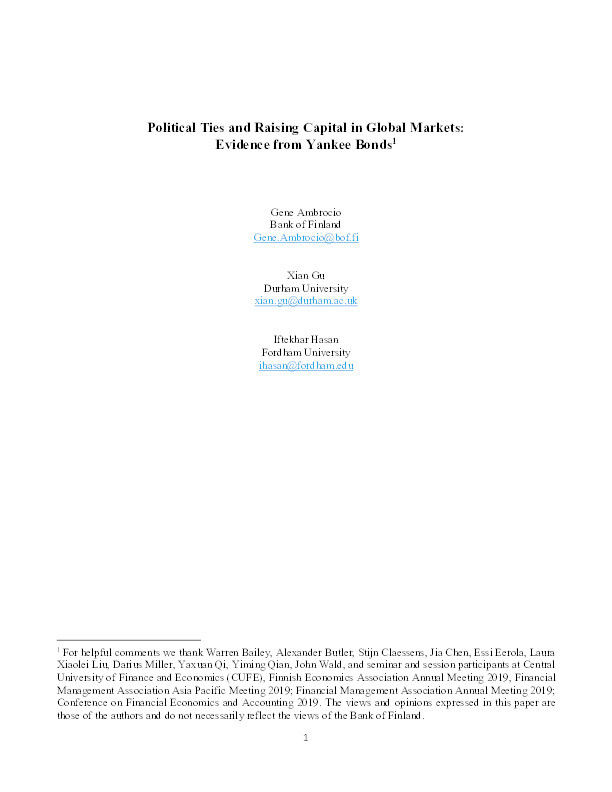 Political ties and raising capital in global markets: Evidence from Yankee bonds Thumbnail