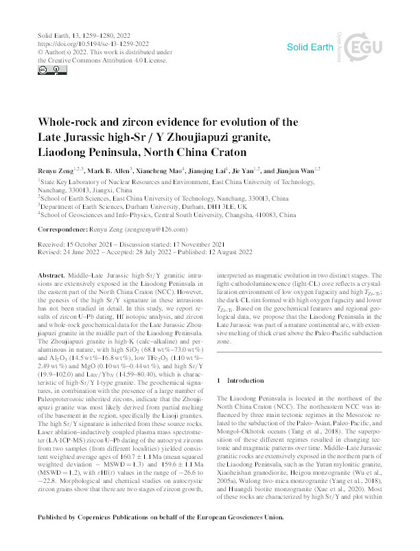 Whole-rock and zircon evidence for evolution of the Late Jurassic high-Sr ∕ Y Zhoujiapuzi granite, Liaodong Peninsula, North China Craton Thumbnail
