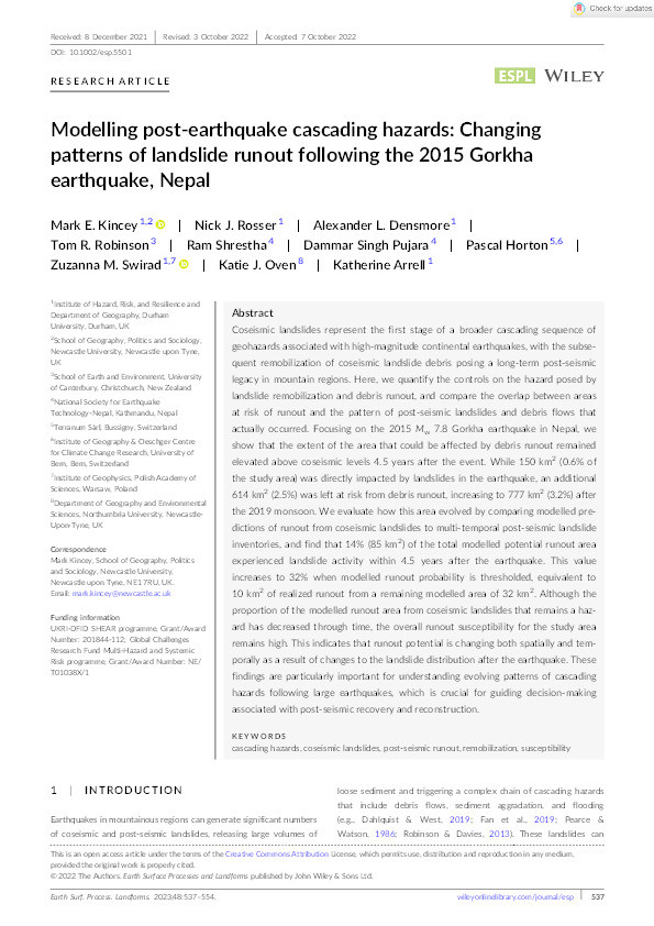 Modelling post-earthquake cascading hazards: Changing patterns of landslide runout following the 2015 Gorkha earthquake, Nepal Thumbnail