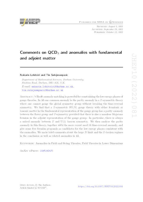 Comments on QCD3 and anomalies with fundamental and adjoint matter Thumbnail