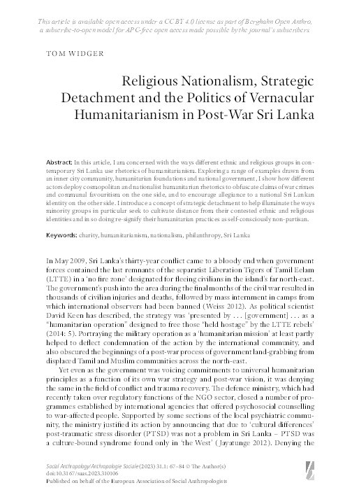 Religious nationalism, strategic detachment, and the politics of vernacular humanitarianism in post-war Sri Lanka Thumbnail