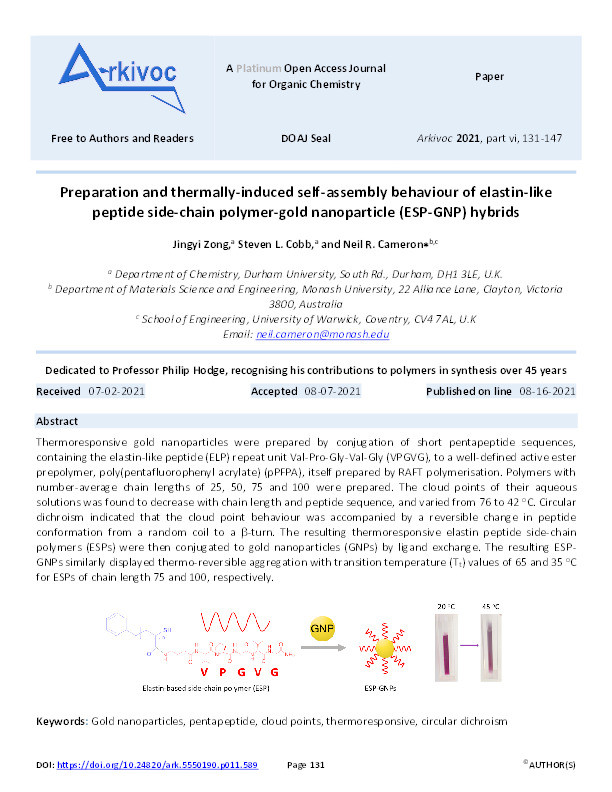 Preparation and thermally-induced self-assembly behaviour of elastin-like peptide side-chain polymer-gold nanoparticle (ESP-GNP) hybrids Thumbnail