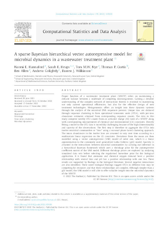 A sparse Bayesian hierarchical vector autoregressive model for microbial dynamics in a wastewater treatment plant Thumbnail