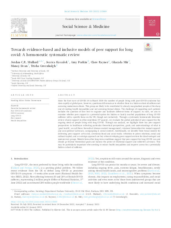 Towards evidence-based and inclusive models of peer support for long Covid: A hermeneutic systematic review Thumbnail