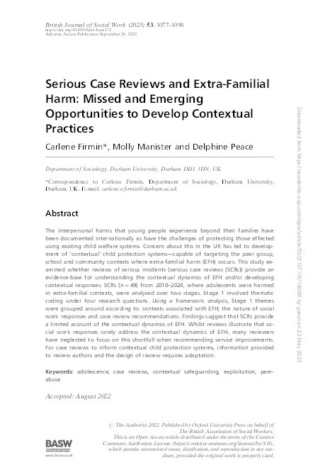 Serious Case Reviews and Extra-Familial Harm: Missed and Emerging Opportunities to Develop Contextual Practices Thumbnail