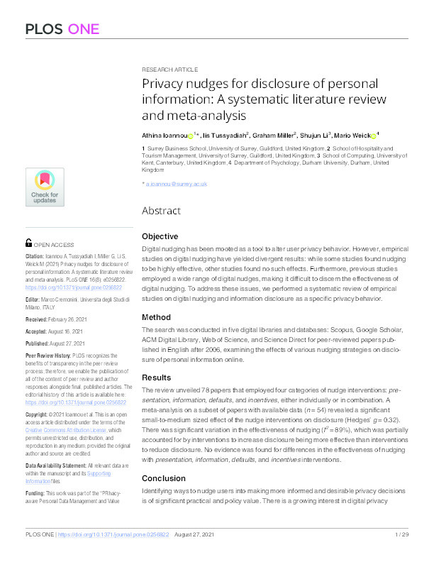 Privacy nudges for disclosure of personal information: A systematic literature review and meta-analysis Thumbnail