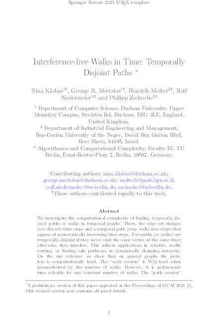 Interference-free walks in time: Temporally disjoint paths Thumbnail