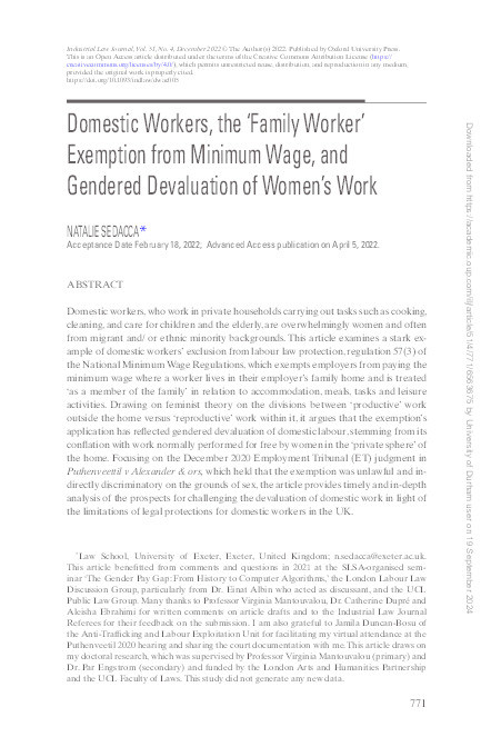 Domestic Workers, the ‘Family Worker’ Exemption from Minimum Wage, and Gendered Devaluation of Women’s Work Thumbnail