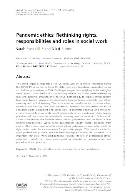 Pandemic ethics: Rethinking rights, responsibilities and roles in social work Thumbnail