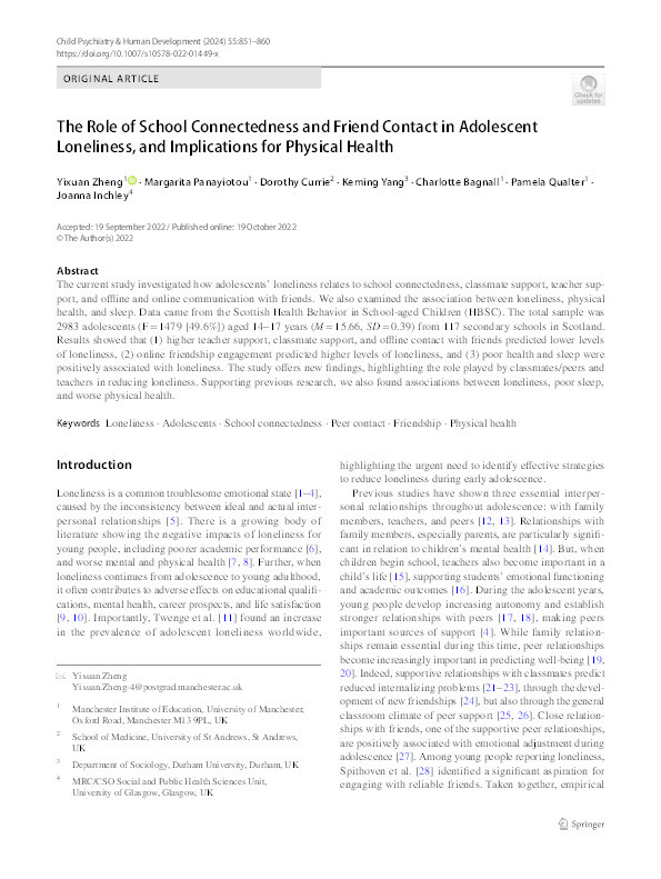 The Role of School Connectedness and Friend Contact in Adolescent Loneliness, and Implications for Physical Health Thumbnail