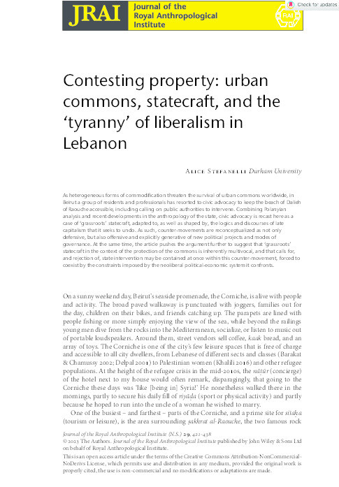 Contesting property: urban commons, statecraft and the ‘tyranny’ of liberalism in Lebanon Thumbnail