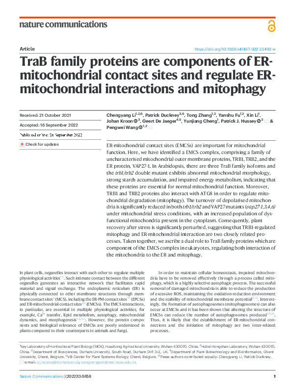 TraB family proteins are components of ER-mitochondrial contact sites and regulate ER-mitochondrial interactions and mitophagy Thumbnail