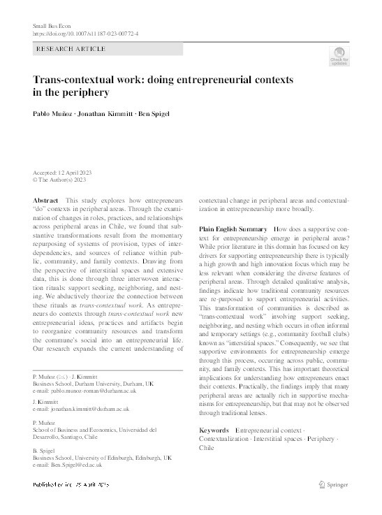 Trans-contextual work: doing entrepreneurial contexts in the periphery Thumbnail