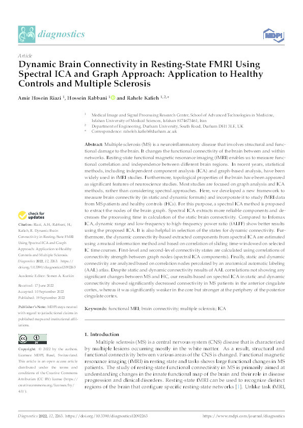 Dynamic Brain Connectivity in Resting-State FMRI Using Spectral ICA and Graph Approach: Application to Healthy Controls and Multiple Sclerosis Thumbnail